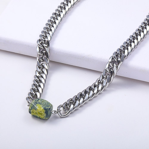 Hip Hop Stainless Steel Chunky Link Chain With Natural Stone Statement Necklace