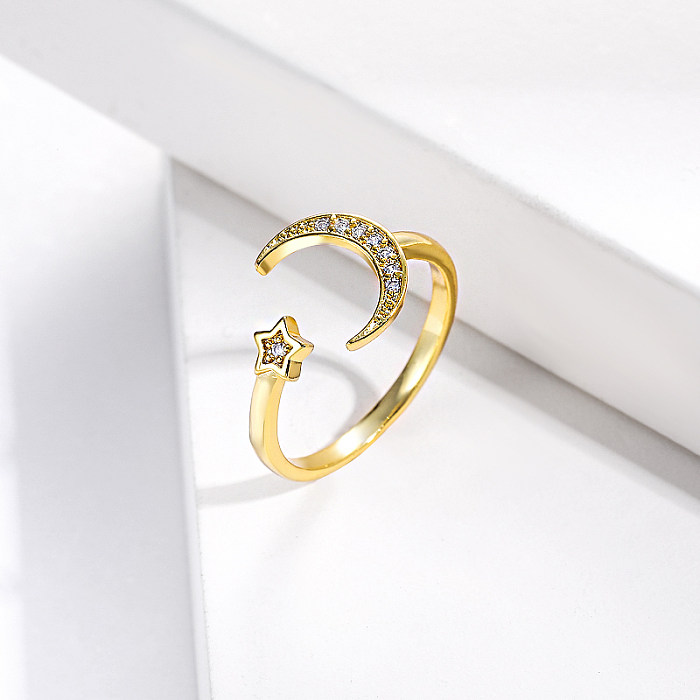 star and moon shape real gold plated brass ring with zirconia