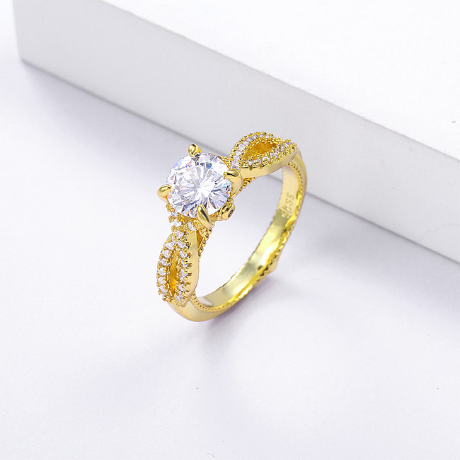 anillo de latón con zirconia mujer joyería de boda chapada en oro