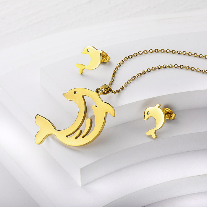 Conjunto de colar e brinco de aço inoxidável em forma de golfinho banhado a ouro