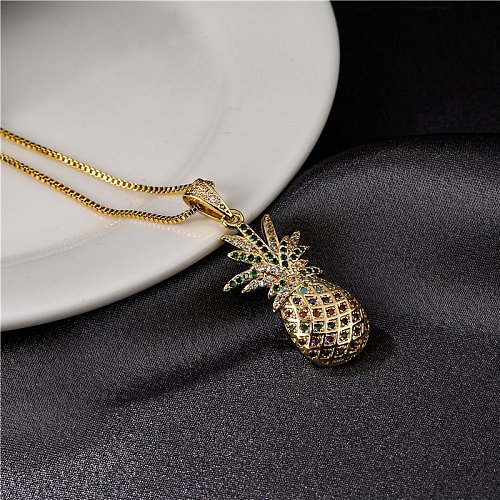 Colgante de piña a la moda, collar de circón de color con microincrustaciones de oro real chapado en cobre, venta al por mayor