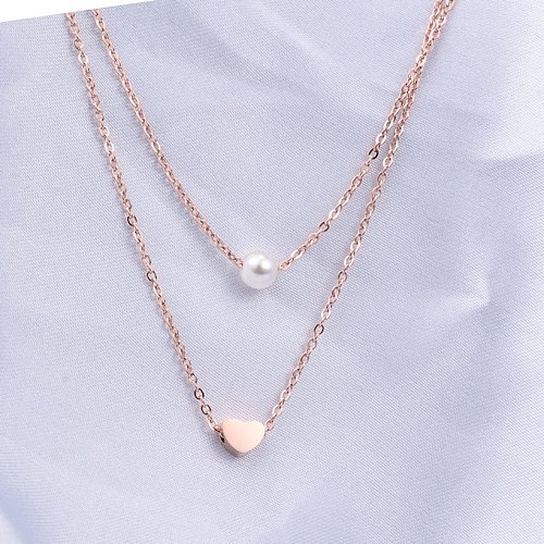 L12 Estilo coreano DoubleLayer Collar de acero de titanio Perla Corazón pequeño Cadena de clavícula de oro rosa de 18 quilates Mujer