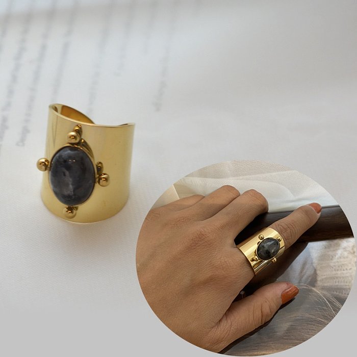 خاتم عتيق ذو وجه عريض من الفولاذ المقاوم للصدأ من الحجر الطبيعي - Jewenoir