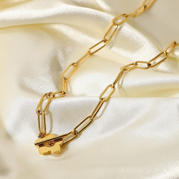 لطيف الزهور OT مشبك طوق بناتي 18K الذهب مجوهرات من الفولاذ المقاوم للصدأ  مشبك سميك سلسلة زخرفة قلادة للنساء - Jewenoir