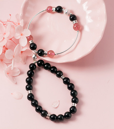 925er Sterlingsilber mit versilberten romantischen Obsidian-Erdbeerkristall-Armbändern
