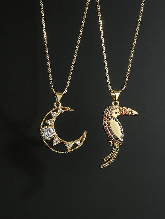 Brass Cubic Zirconia Bird Vintage Moon Pendant Necklace
