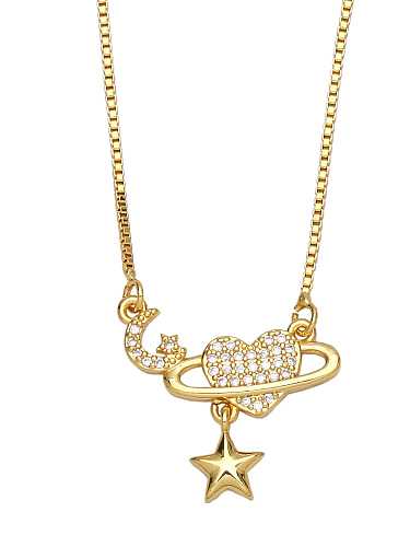 Brass Cubic Zirconia Star Vintage Moon Pendant Necklace