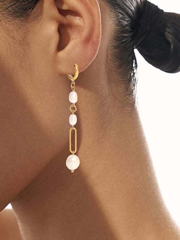 Boucles d'oreilles pendantes géométriques creuses en acier inoxydable imitation perle