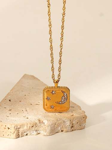 Stainless steel Rhinestone Vintage square Pendant Necklace