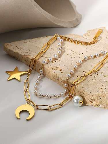 Edelstahl Imitation Pearl Star Moon Dainty Strang Armband