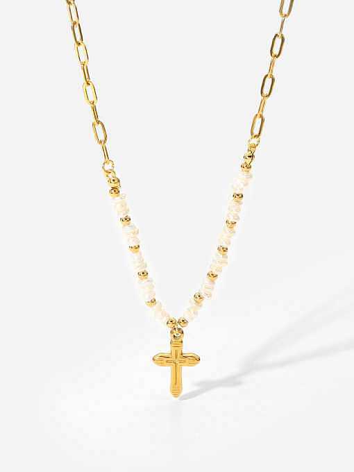 Edelstahl Nachahmung Perle Kreuz Vintage Halskette