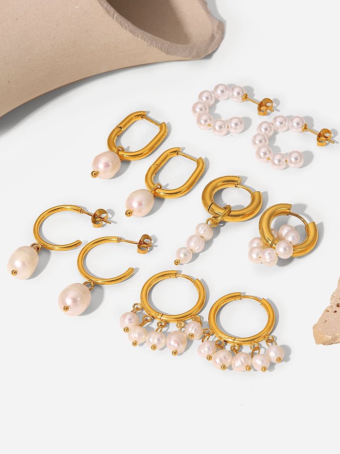Boucles d'oreilles pendantes minimalistes géométriques en perles d'imitation en acier inoxydable