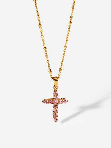 Edelstahl Zirkonia Pink Cross Trend Halskette
