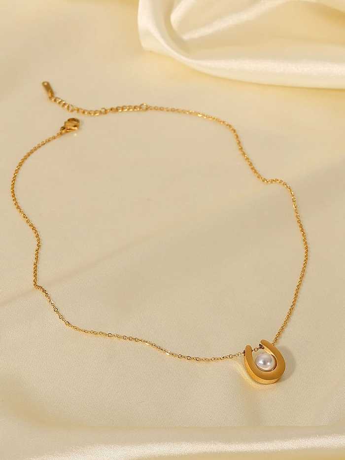 Collier pendentif en forme de U vintage géométrique en perles d'imitation en acier inoxydable