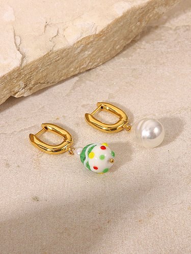 Stainless steel Imitation Pearl Geometric Artisan Asymmetrical Huggie Earring