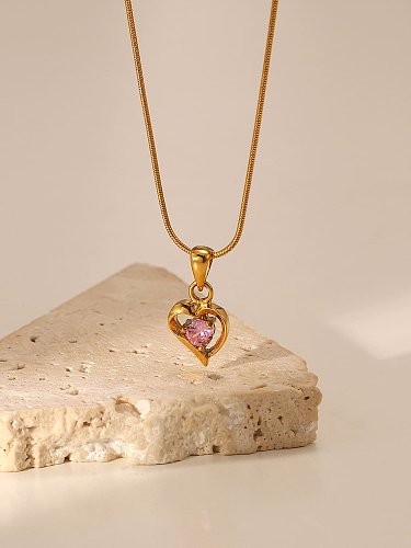 Stainless steel Cubic Zirconia Pink Heart Dainty Necklace