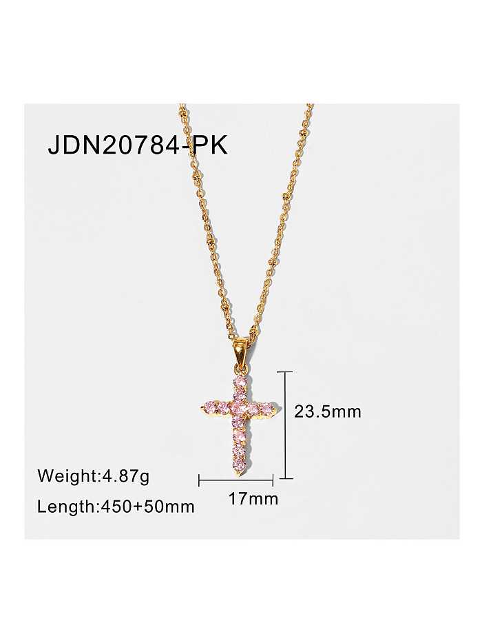 Stainless steel Cubic Zirconia Pink Cross Trend Necklace