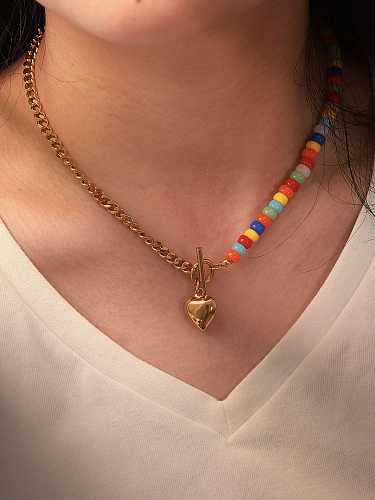 Stainless steel Glass beads Heart Vintage Asymmetrical Chain Necklace
