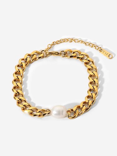 Bracelet à maillons géométriques en perles d'eau douce en acier inoxydable
