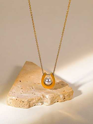 Collier pendentif en forme de U vintage géométrique en perles d'imitation en acier inoxydable