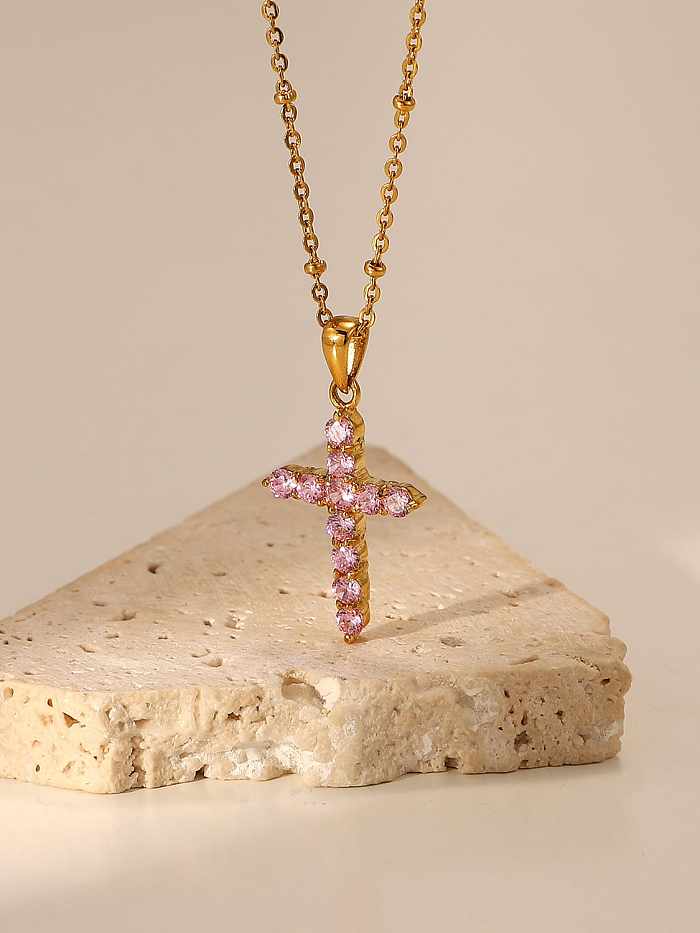 Stainless steel Cubic Zirconia Pink Cross Trend Necklace