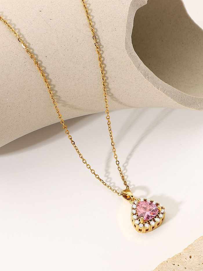 Edelstahl-Kubikzirkonia-Rosa-Wasser-Tropfen-zierliche Halskette