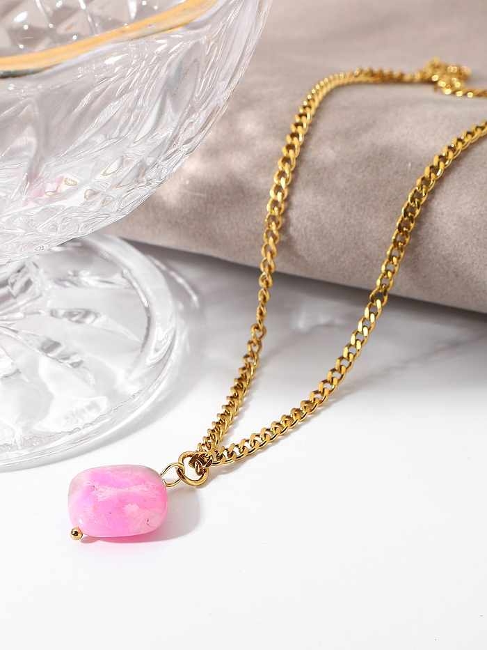 Geometrische Trend-Halskette aus Edelstahl mit rosa Naturstein