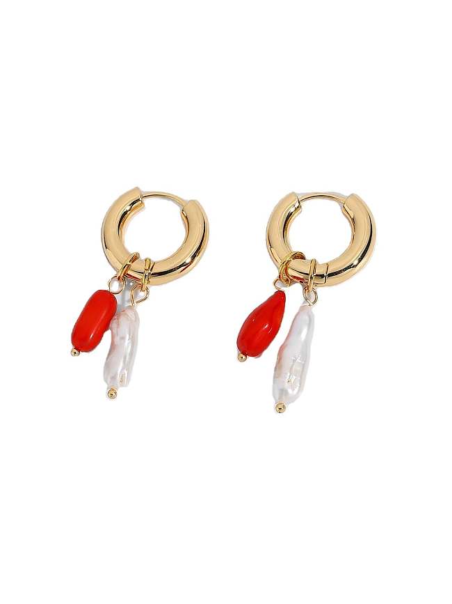 Stainless steel Freshwater Pearl Red Huggie Earring