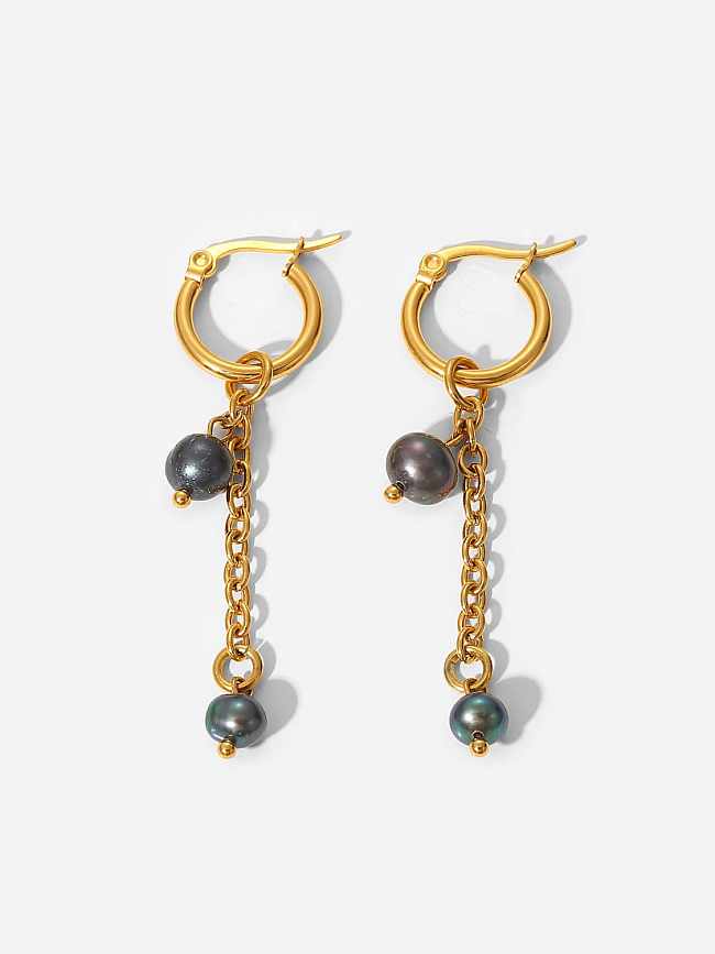 Boucles d'oreilles à enfiler vintage en acier inoxydable avec pampille en perles d'imitation