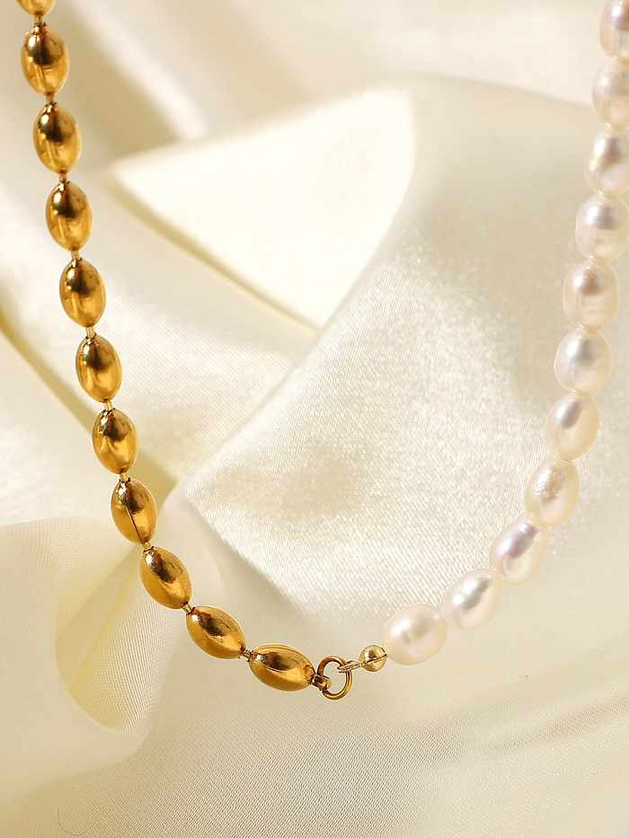 Collier de perles tendance en acier inoxydable avec perles d'eau douce