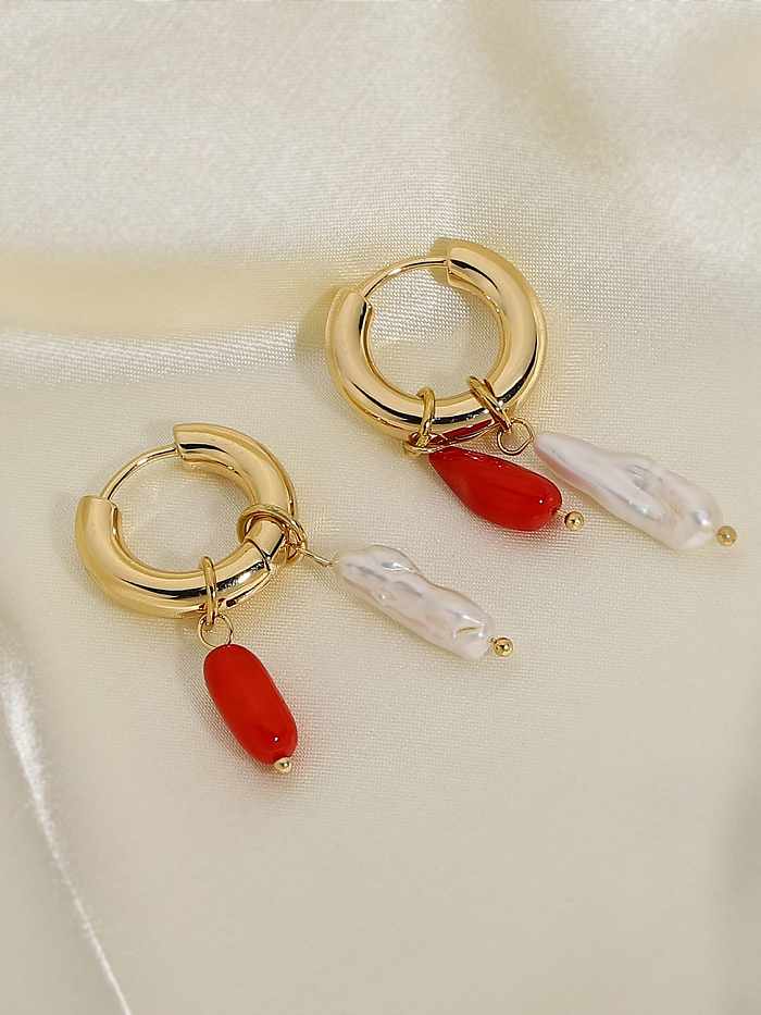 Stainless steel Freshwater Pearl Red Huggie Earring