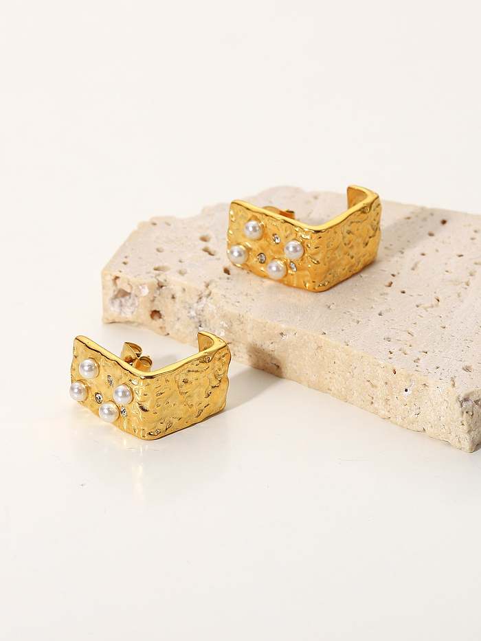 Boucles d'Oreilles Goujon Vintage Géométrique Perle d'Imitation Acier Inoxydable