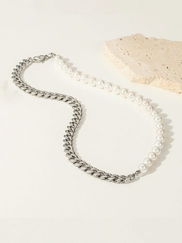 Geometrische Vintage-Halskette aus Imitationsperlen aus Edelstahl