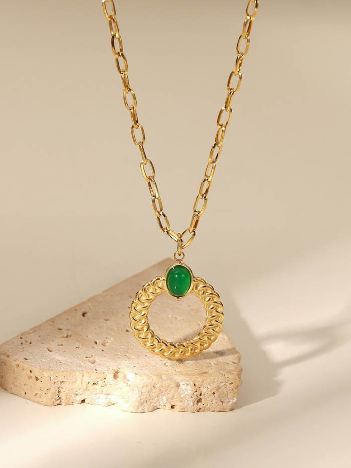 Edelstahl Jade geometrische Vintage Halskette