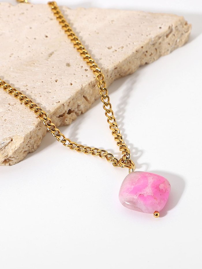 Geometrische Trend-Halskette aus Edelstahl mit rosa Naturstein