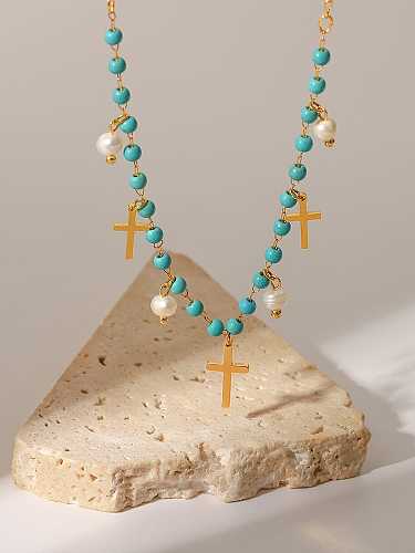 Collier vintage croix de perles d'eau douce en acier inoxydable
