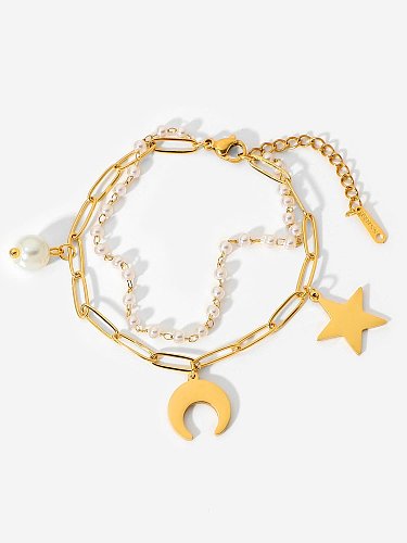 Stainless steel Imitation Pearl Star Moon Dainty Strand Bracelet