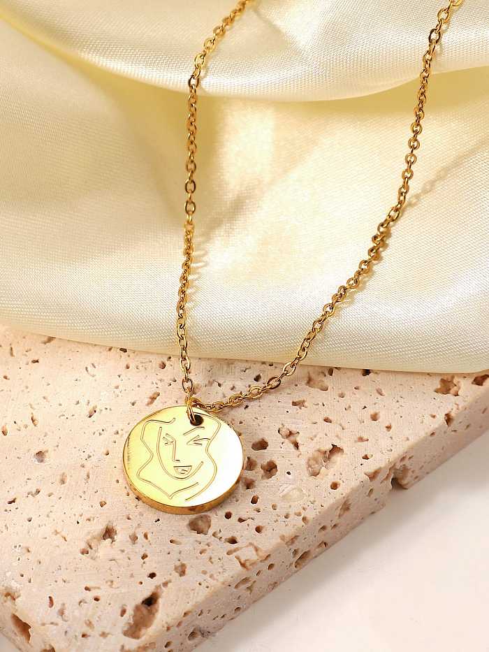 Stainless steel Round Minimalist Face carving Pendant Necklace