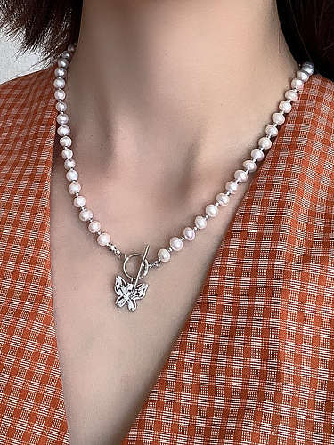 Collar vintage de mariposa de perlas de imitación de plata de ley 925