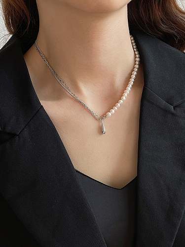 Collar minimalista de gota de agua de perla de imitación de plata de ley 925