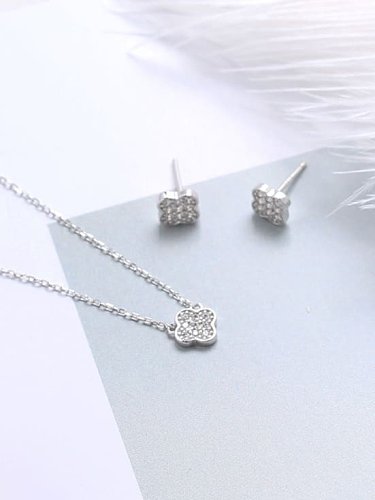 925 Sterling Silver Cubic Zirconia Minimalist Flower Earring and Necklace Set