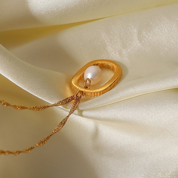 Collar con colgante geométrico de acero inoxidable a la moda, collares de circonita con perlas chapadas en oro