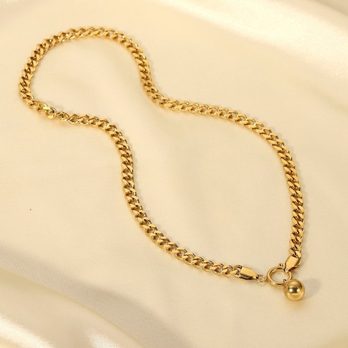 retro stainless steel 14K gold Cuban chain ball bead pendant spring buckle necklace