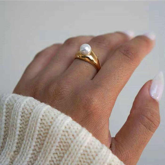 anel de aço inoxidável de pérola de concha de moda