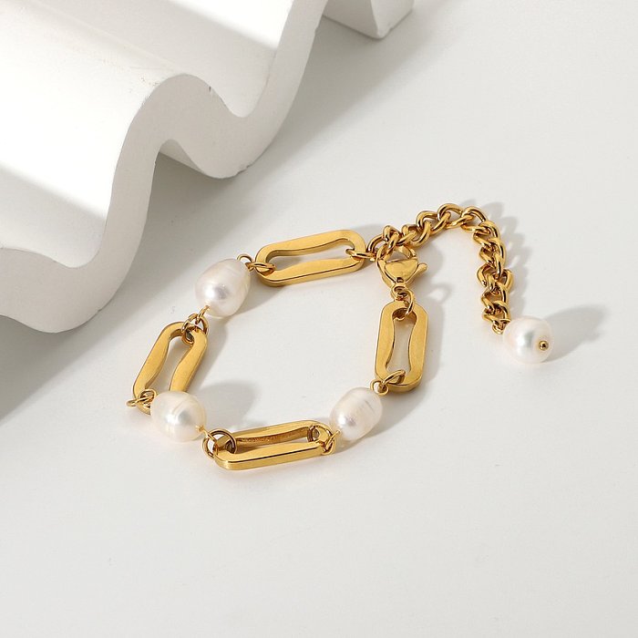 pulseira de aço inoxidável de corrente retangular de pérola barroca banhada a ouro