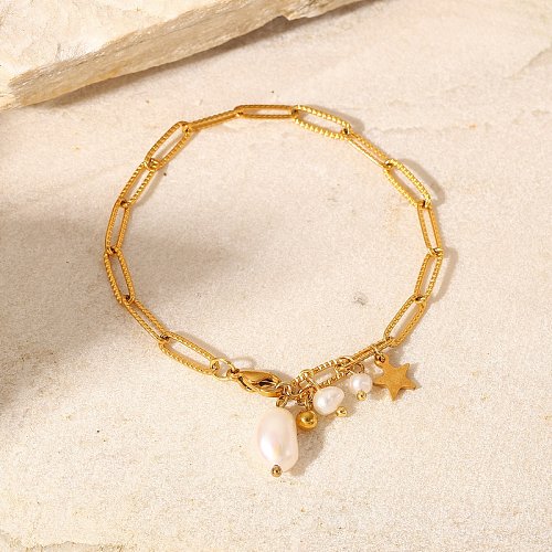 Moda 18K chapado en oro estrella perla borla colgante cadena cruzada pulsera de acero inoxidable mujeres