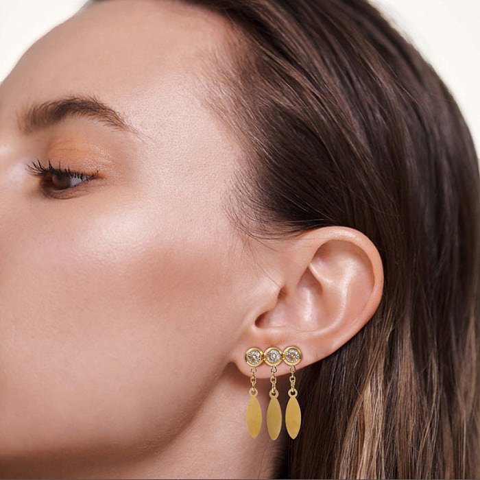 Mode-Edelstahl 14 Karat vergoldete runde Zirkonium-Blatt-Anhänger-Ohrringe