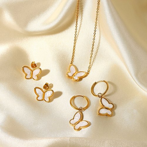 Halsketten-Ohrringe aus 18 Karat Gold, natürliche weiße Muschel, Schmetterlingsform, Edelstahl
