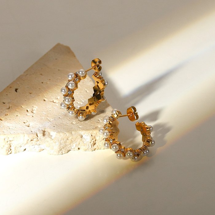 Art und Weise Doppelschichtperle Zirkon eingelegte C-förmige Ohrringe aus 18 Karat Gold-Edelstahl