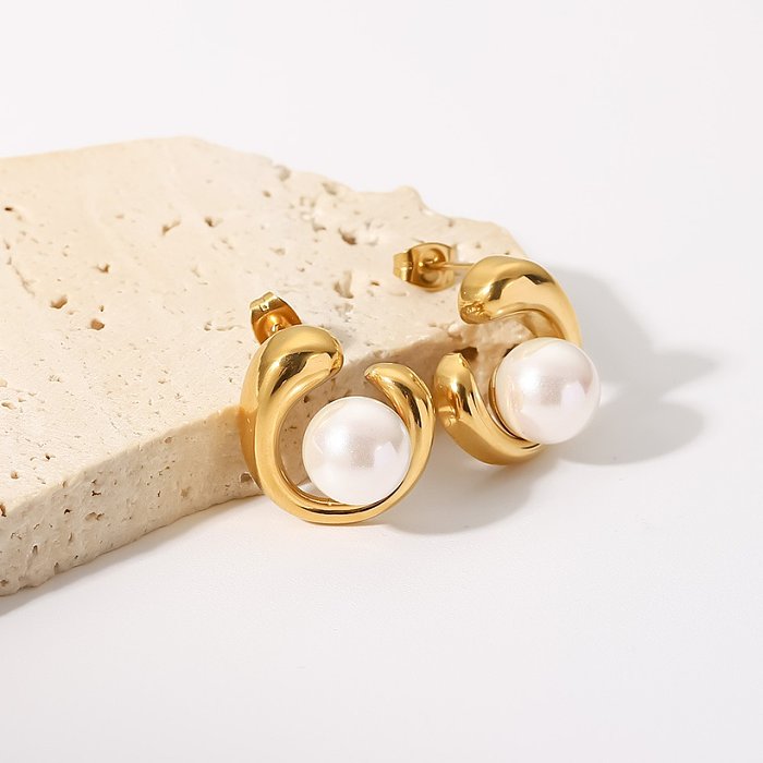 Geometrische Edelstahl-Ohrringe im einfachen Stil mit Inlay-Perlen-Edelstahl-Ohrringen